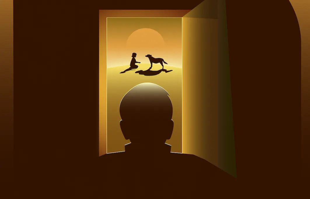 A man watches a child play with a door through an open door.