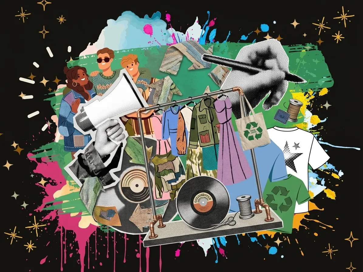 Multicoloured collage of various art mediums, tools and practices over a black background.