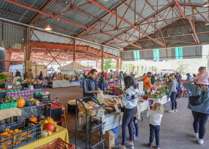 Shoppers browsing market stalls under a pavilion roof.