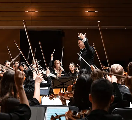 A conductor leads an orchestra of string musicians performing together on a concert hall stage.